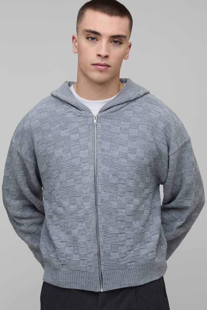 Boxy Fit Soft Touch Basketweave Gebreide Hoodie | Grey | Size Small