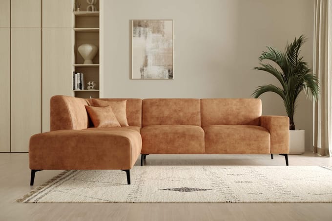 hoekbank eddy- lounge links- cognac microvezelstof- hoeksalon left- zetelsenbedden