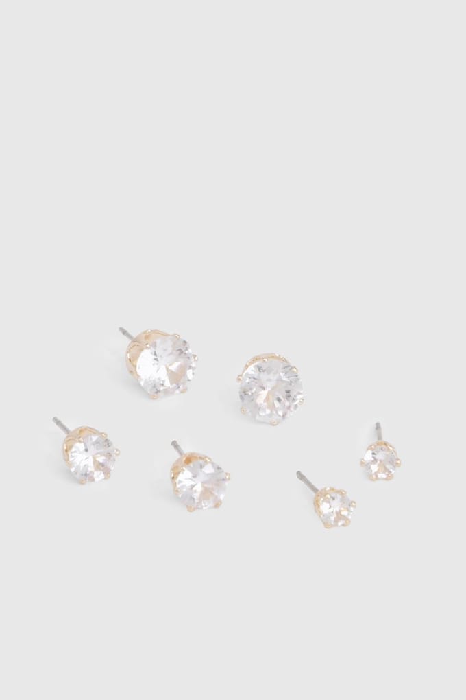 boohoo Dames Gouden 3-pack Diamante oorbellen