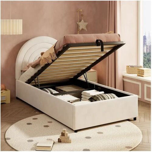 Opbergbed 90 x 200 cm - Kinderbed met lattenbodem en halfrond hoofdeinde - beige fluweel