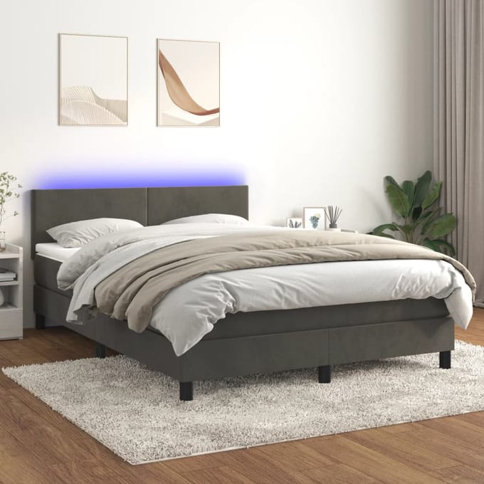 vidaXL - Boxspring - met - matras - en - LED - fluweel - donkergrijs - 140x190 - cm
