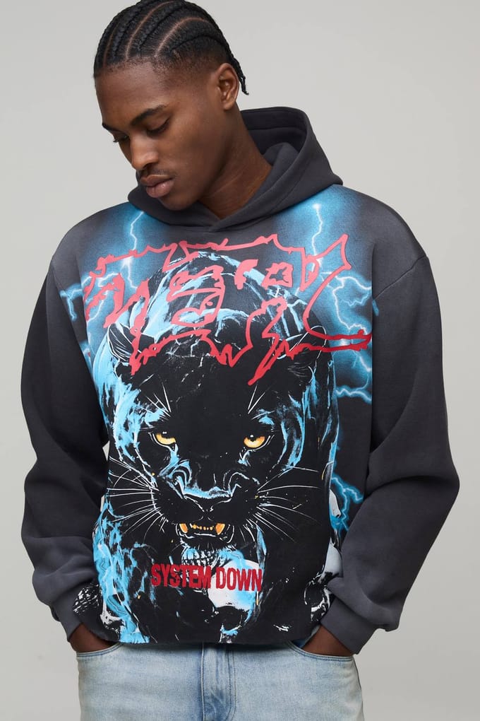 Oversized Boxy Gewassen Panther Over Seam Grafische Hoodie | Charcoal | Size Medium