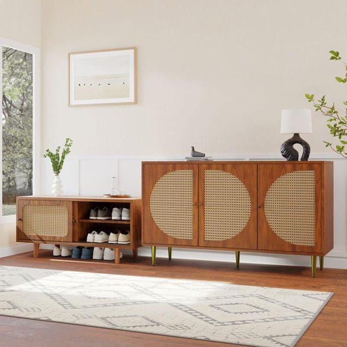 Commode et armoire à chaussures - MUVOE - WF307047NAA - Rotin et panneaux noyer - Rangement multifonction - Style campagne