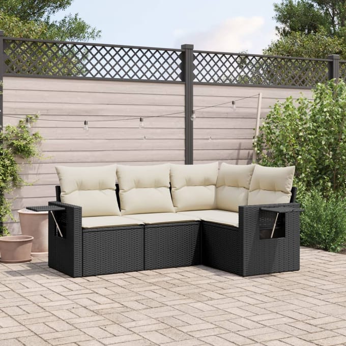 vidaXL - 4-delige - Loungeset - met - kussens - poly - rattan - zwart