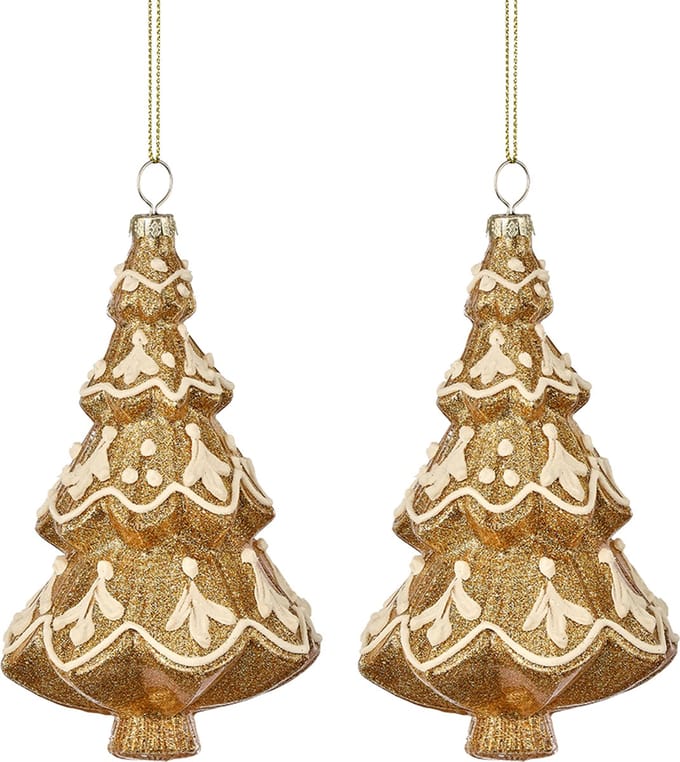 Viv! Christmas Kerstornament - Gingerbread Kerstboom - set van 2 - glas - bruin wit - 14cm