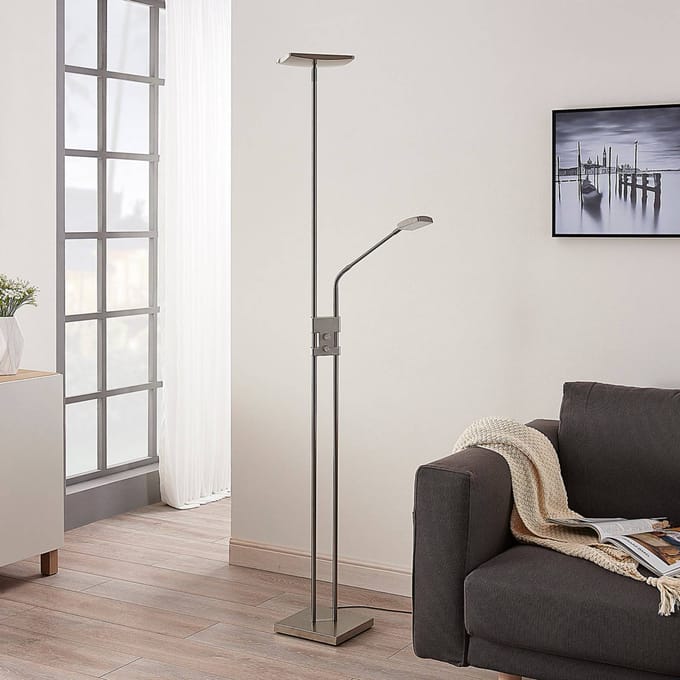 Lindby LED vloerlamp Jonne, hoekig, leesarm, dimbaar, 180 cm