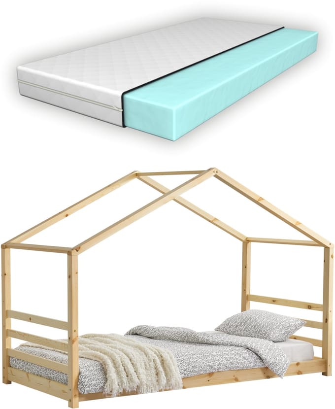 Kinderbed grenen huisbed incl. matras 90x200 cm hout