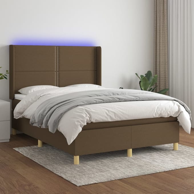 vidaXL - Boxspring - met - matras - en - LED - stof - donkerbruin - 140x190 - cm
