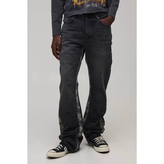 Gewassen Camo Gusset Gestapelde Wijduitlopende Jeans | Washed Black | Size 36R