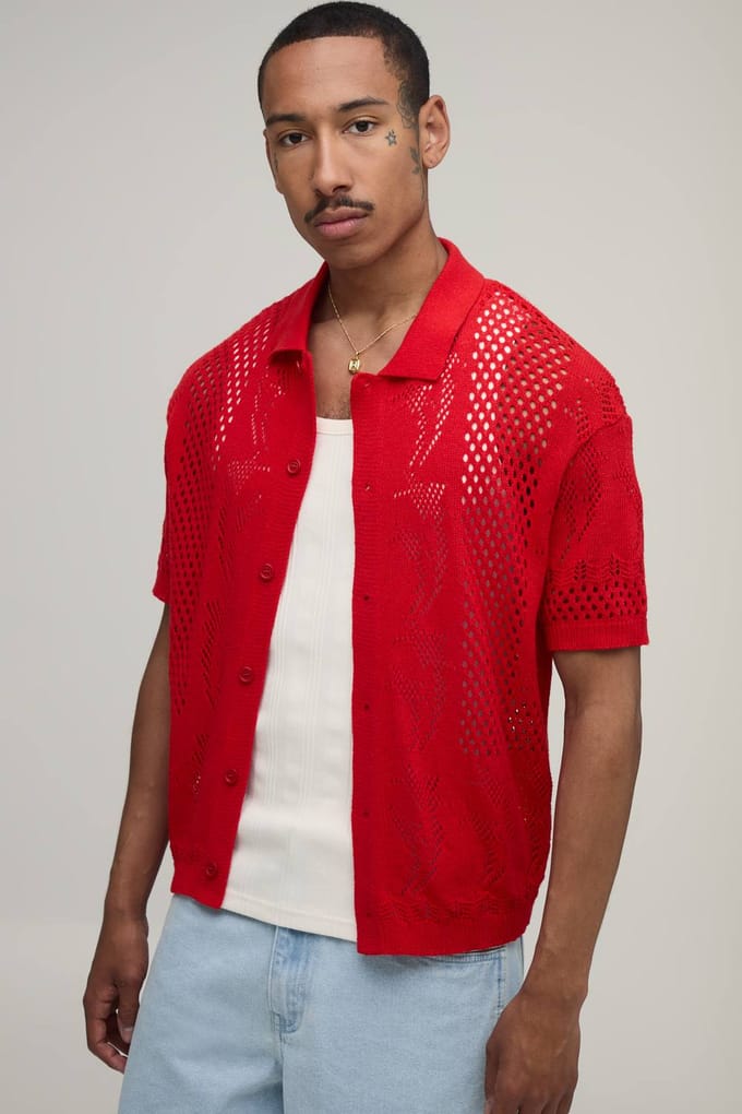 Ontspannen Gebreid Overhemd Met Open Steek En Sterdetail | Red | Size Medium