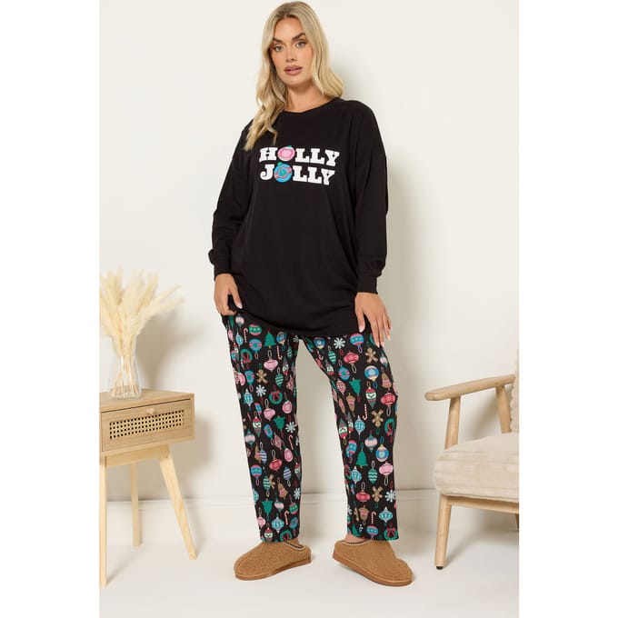 Yours Zwarte 'Holly Jolly' Wijde Pyjamaset Size 54-56