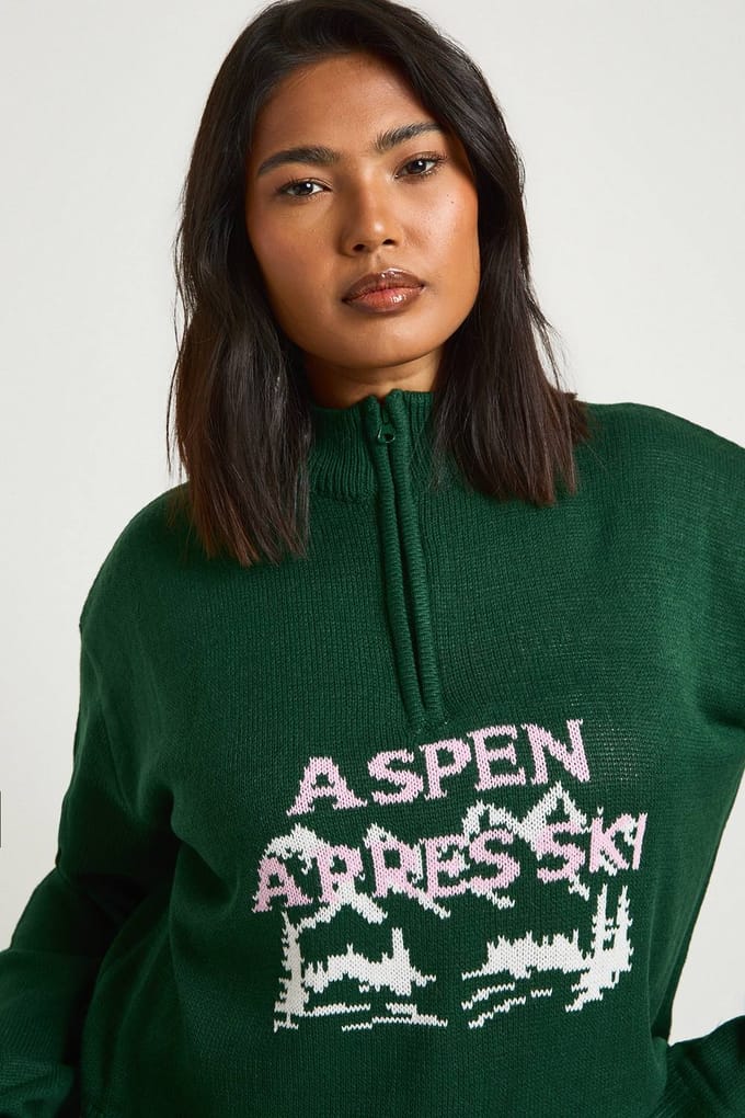 boohoo Dames Plus Aspen Apres-Ski Half Zip Kersttrui | Green | Maat: 18-20