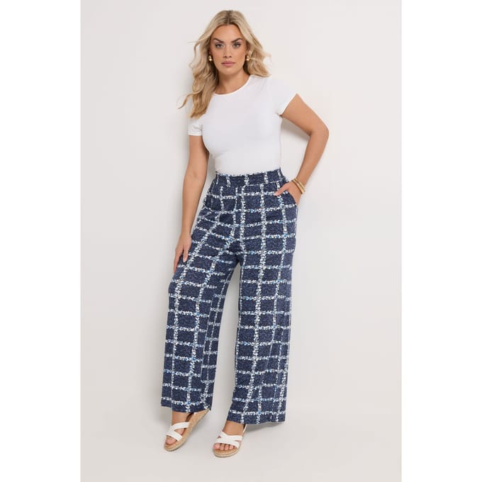 Yours Marineblauwe Geruite Broek Met Bloemenprint Size 46