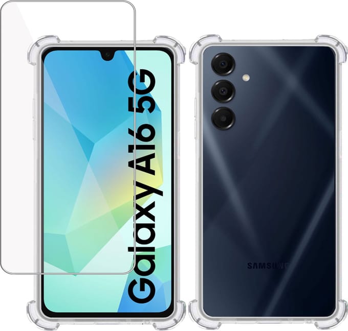 Hoesje + Screenprotector geschikt voor Samsung Galaxy A16 5G – Tempered Glass - Extreme Shock Case Transparant