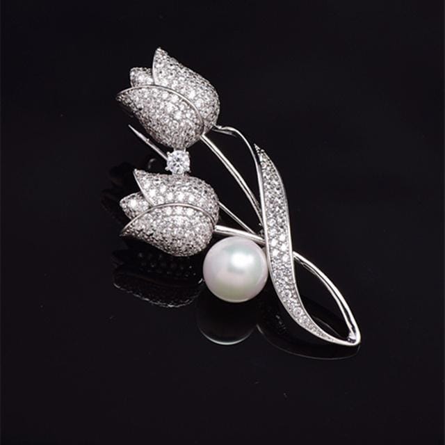 Broche Strass Fleur Tulipe Broche Anti-Éblouissement Broche de Costume Épinglette de Col Bijoux gray