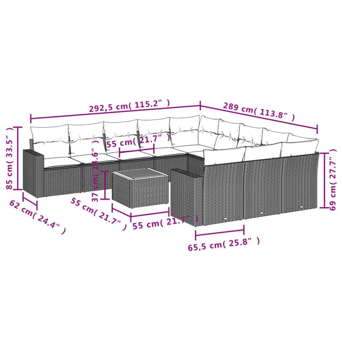 vidaXL - 12-delige - Loungeset - met - kussens - poly - rattan - grijs