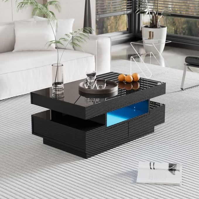 Salontafel - MUVOE - Rechthoekig - Glanzende afwerking - LED-verlichting - 4 opberglades