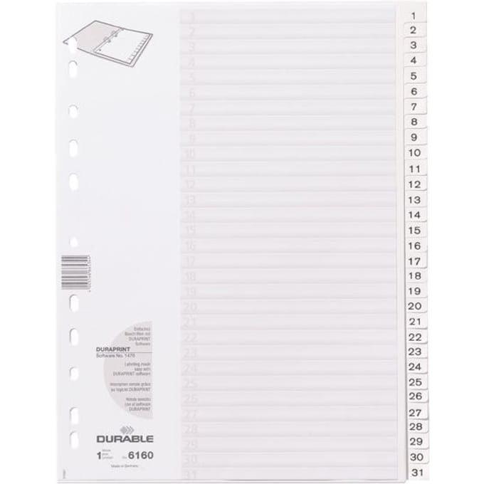 Kunststof tabbladen 1-31 A4 wit