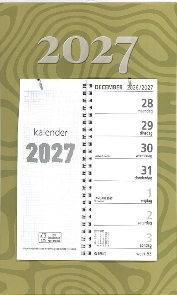 MGPcards - Omlegweekkalender 2027 - Week begint op maandag - Week kalender - 21 x 34 cm - Groen