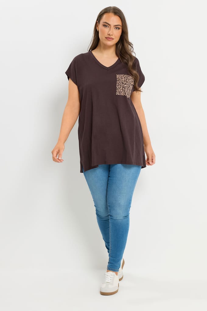 Yours Chocoladebruin Tshirt Met Zak In Luipaardprint Size 42