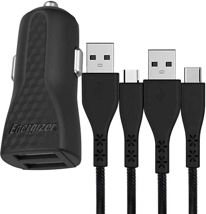 ENERGIZER, Autolader 2.4A - HardCase - 2x USB-A - Met USB-C & Micro-USB Kabel, Zwart