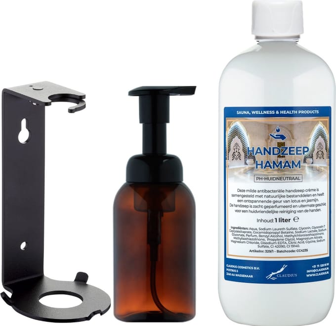 Zeepdispenser 300 ml amber bruin hervulbaar + 1 liter Handzeep Hamam navulling (inclusief beugel)