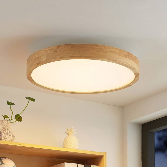 Lindby LED plafondlamp Lanira, Ø 50 cm, hout, afstandsbediening, CCT