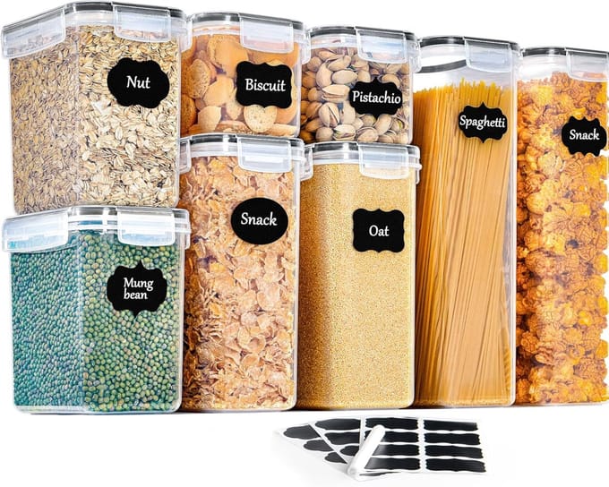 8-Piece Set Kitchen Airtight Plastic Storage Boxes with Lids for Storing Pasta, Muesli, Rice, Flour, and Feeding Pets