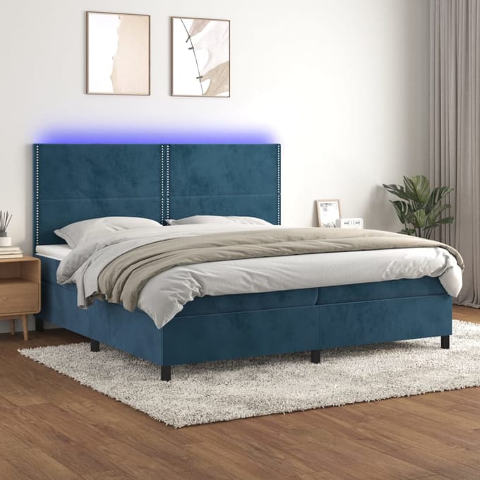 vidaXL - Boxspring - met - matras - en - LED - fluweel - donkerblauw - 200x200 - cm