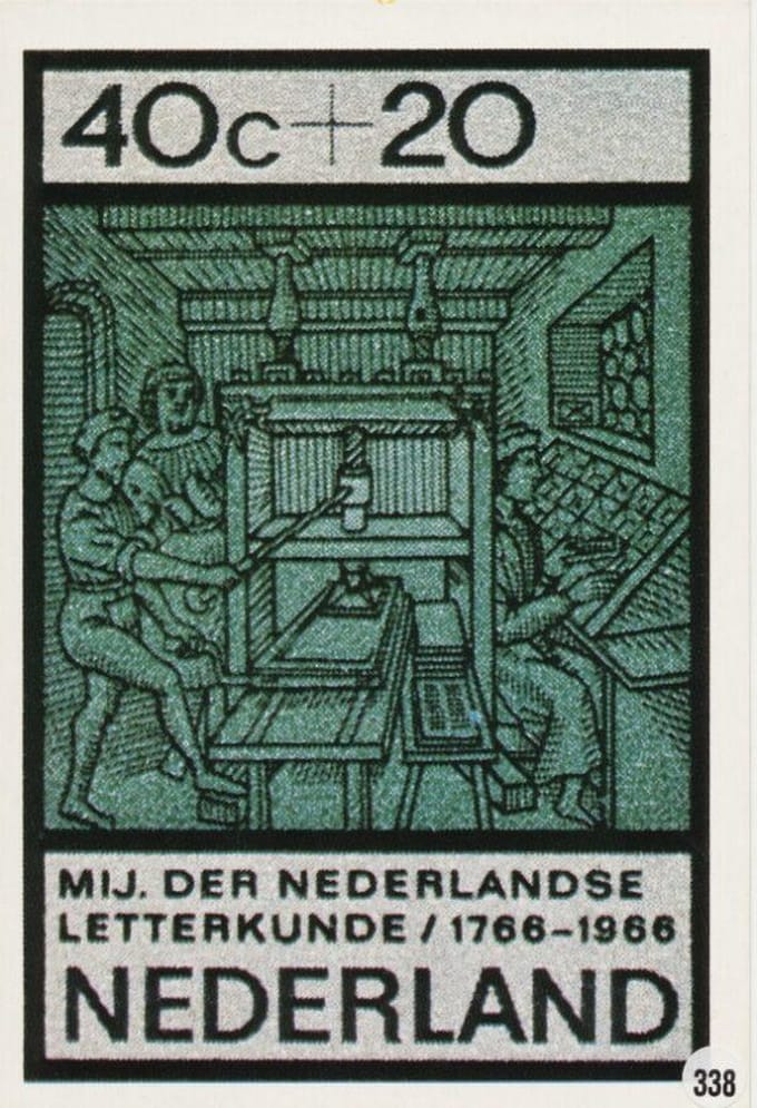 Briefkaart met afbeelding 16e eeuwse drukkerij postzegel