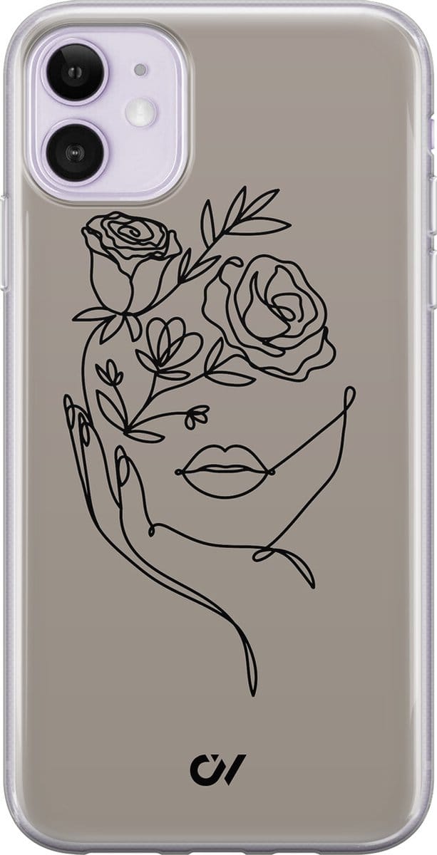 Hoesje geschikt voor Apple iPhone 11 - Oneline Face Flower - - Grijs - Apple - Casevibes