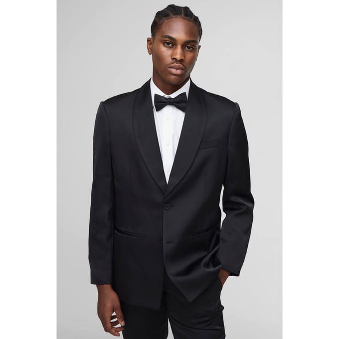 Relaxed Fit Satin Shawl Collar Blazer | Black | Size 48