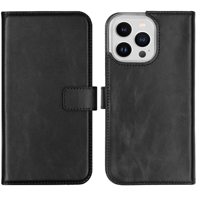 Selencia Hoesje - Geschikt voor Apple iPhone 14 Pro Max - Echt Lederen Bookcase - Zwart