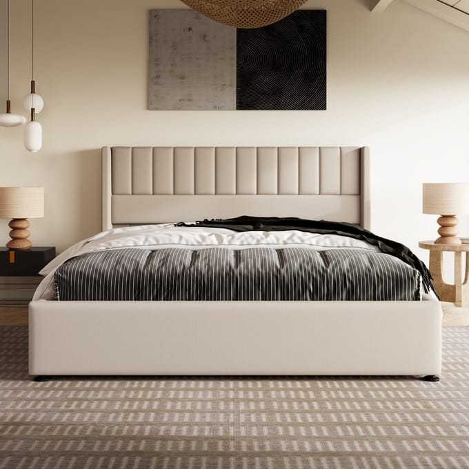 REDOM - Opbergbed - Hydraulisch - Gestoffeerd - Modern - Linnen - Beige - 180 X 200 Cm