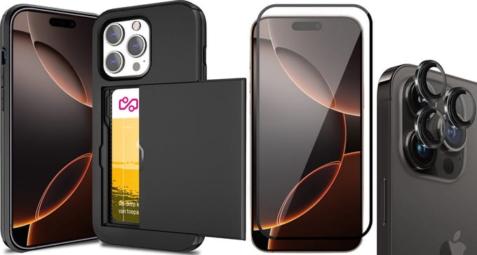 Hoesje met Pasjeshouder geschikt voor iPhone 16 Pro - Screenprotector FullGuard & Camera Lens Screen Protector Zwart - Back Cover SlideCase Zwart