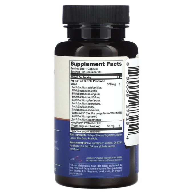 Live Conscious, PRO-45, krachtige probiotica, 30 capsules