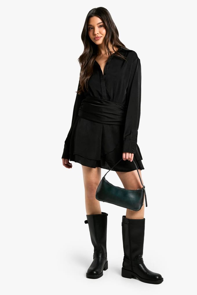 boohoo Dames Satijn-overhemdjurk met ruchering | Black | Maat: 14