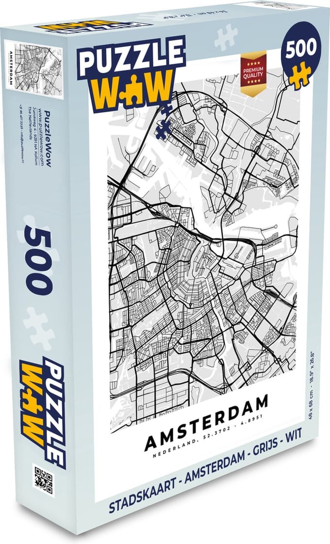 Puzzel Stadskaart - Amsterdam - Grijs - Wit - Legpuzzel - Puzzel 500 stukjes - Plattegrond
