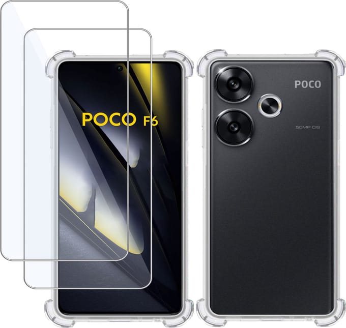 Hoesje + 2x Screenprotector geschikt voor POCO F6 – Tempered Glass - Extreme Shock Case Transparant