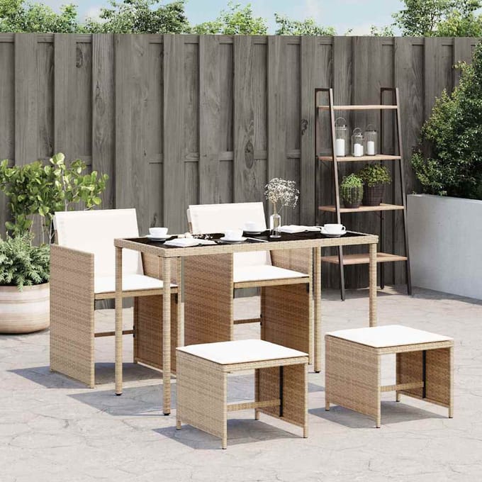 vidaXL - 5-delige - Tuinset - met - kussens - poly - rattan - beige