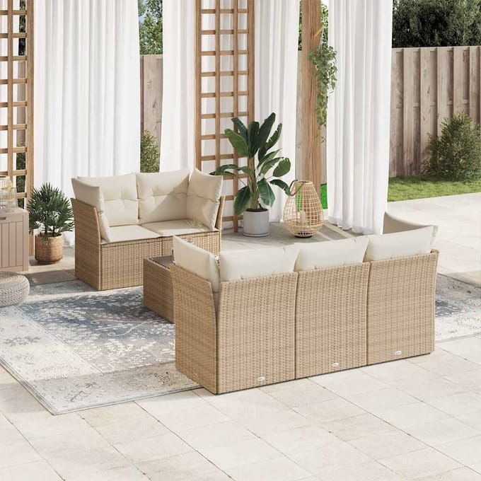 vidaXL - 6-delige - Loungeset - met - kussens - poly - rattan - beige