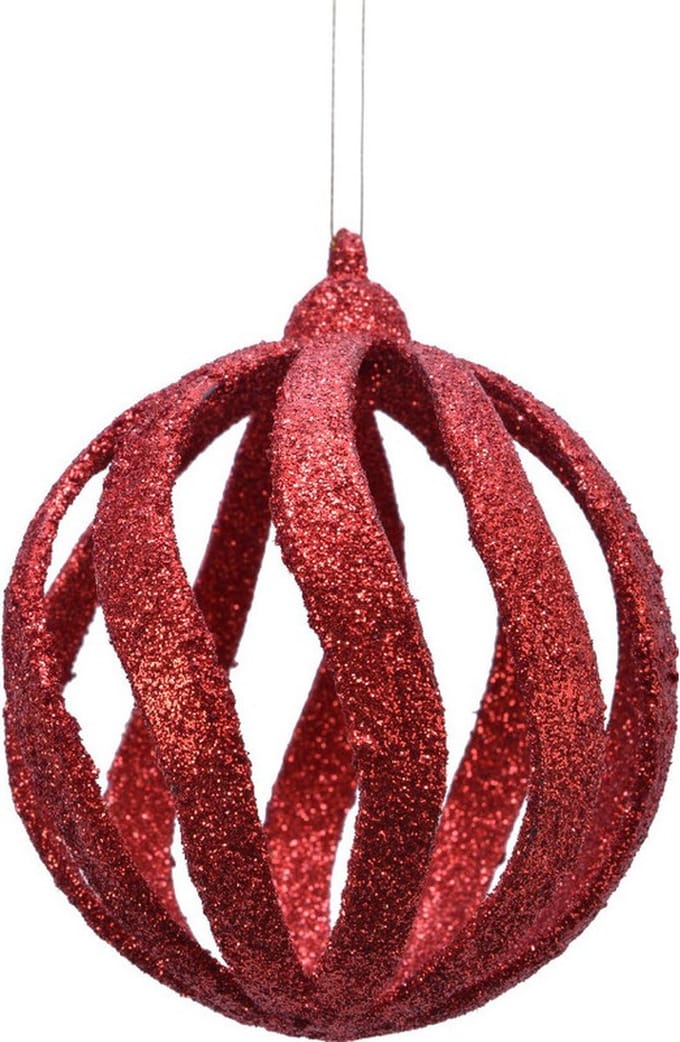 6x Open kerstballen rood met glitters 8 cm kunststof - Kerstboomversiering rood