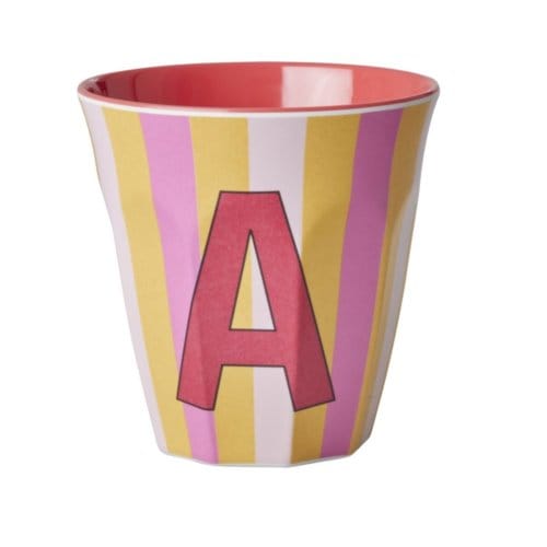 Rice melamine beker medium gestreept letter a, rood