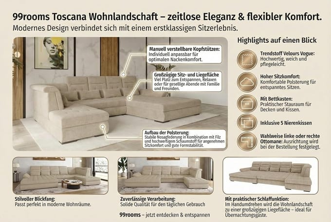 Corner Sofa with Sleep Function 212x363x100 cm – Modern Toscana Velour Living Room L-Shape Couch with Ottoman, Adjustable Headrests, Foldable Armrest, Storage & Cushions – Abkantoor