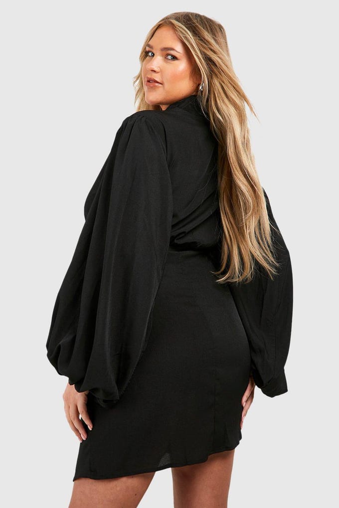 boohoo Dames Plus Blouson Mouw Wrap Jurk | Zwart | Maat: 46