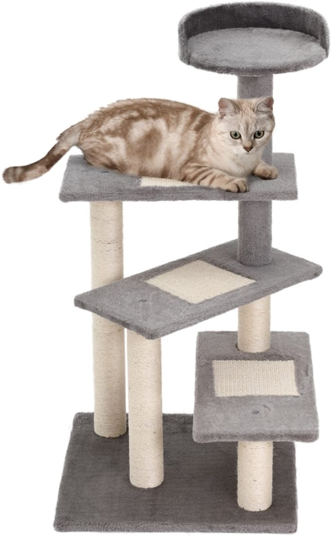 Kletterbaum - 48,5 x 48,5 x 100 cm - Katzenbaum Spielbaum mit Treppe, 5 Schichten - Sisal - Beige & Grau