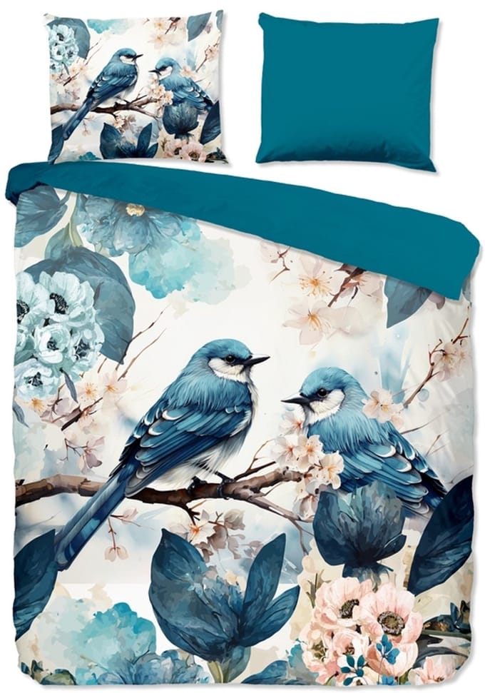 Pure dekbedovertrek blauwe vogels - 1 persoons 140x200/220 cm - Blauw - Microvezel