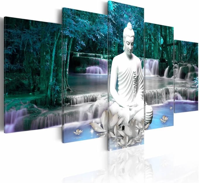 Schilderij - Azure Prayer , boeddha , blauw wit , waterval , 5 luik