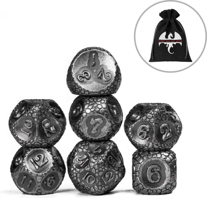 Lapi Toys - Dungeons and Dragons dobbelstenen - DnD - D&D - Polydice - 1 set (7 stuks) - Metaal - Zilver