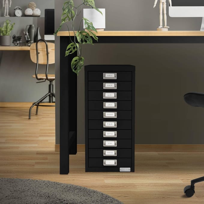 ML-Design archiefkast met 10 laden, 28x38x60cm, zwart, metalen ladekast voor DIN A4, kantoorkast met etikethouder, stalen kast metalen kast gereedschapskast opbergkast